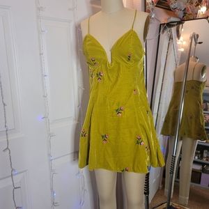 Chartreuse Floral embroidered velvet dress